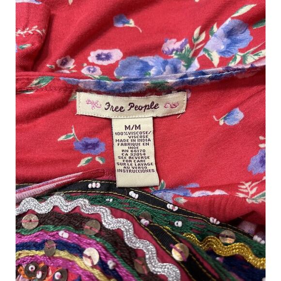 Free People Shoulder Ties Boho Red Multicolor Floral Sequin Beaded Tank Sz Med - Picture 6 of 16